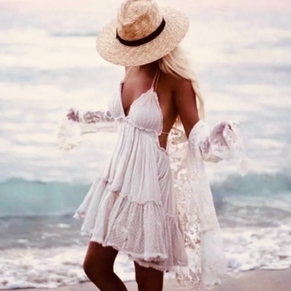 New Backless Boho Mini Dress Halter Tie Layered Swiss Dot Babydoll - Picture 5 of 12